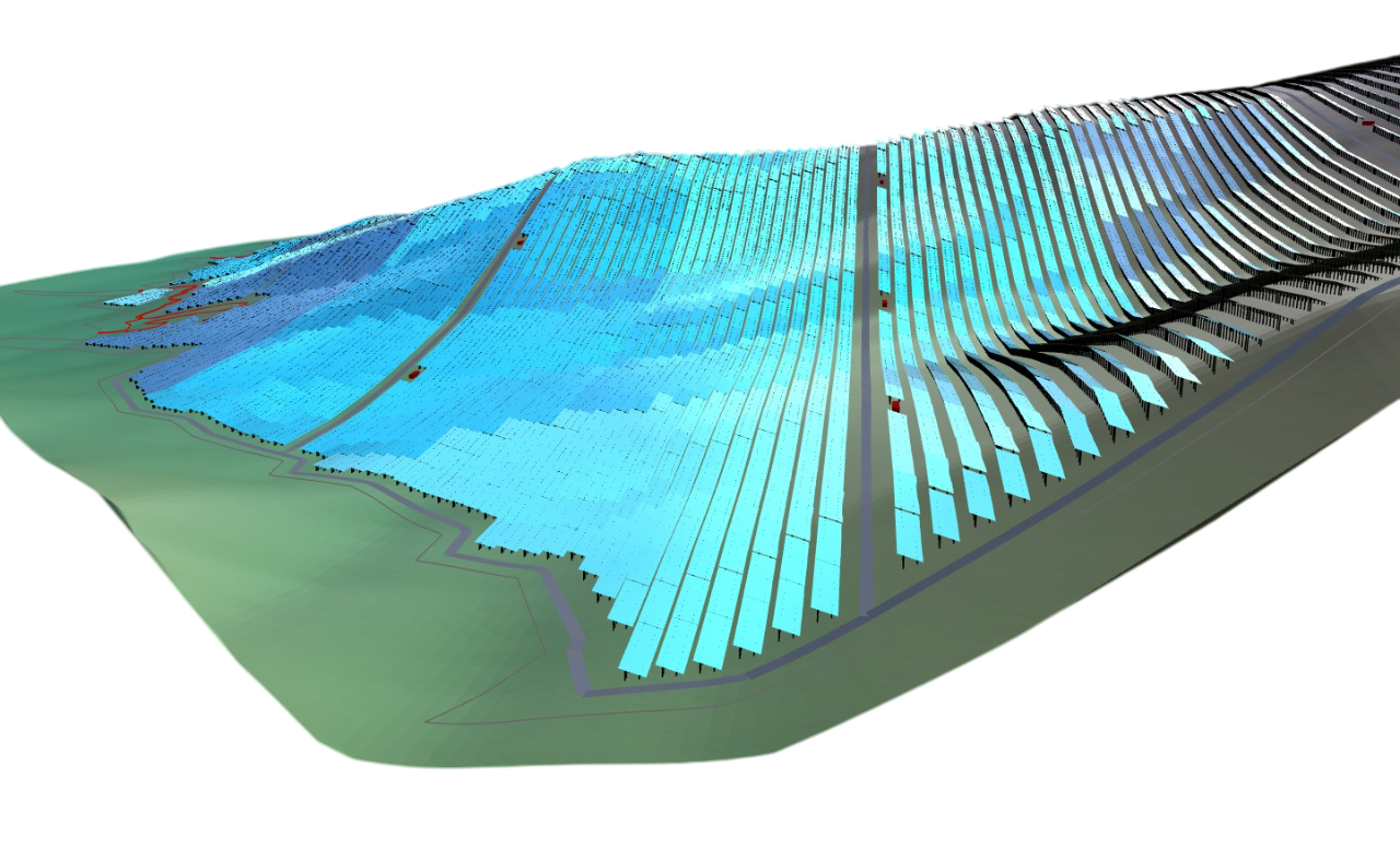 this picture shows a 3D layout of a photovoltaic plant